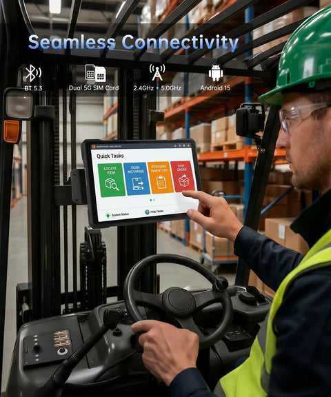 Heavy Duty 10.95 Inch Waterproof Rugged Tablet With A Built In 260 Lumen DLP Projector And Native 1080P Full HD Display That Goes Hard For All Day Outdoor Work And Weekend Adventures No Cap, mounted in a forklift cockpit, displaying task options.