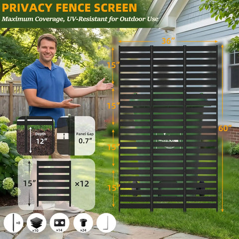 Metal Privacy Screen Outdoor Freestanding Panels With Stakes 60 Inches High By 36 Inches Wide in backyard with man pointing