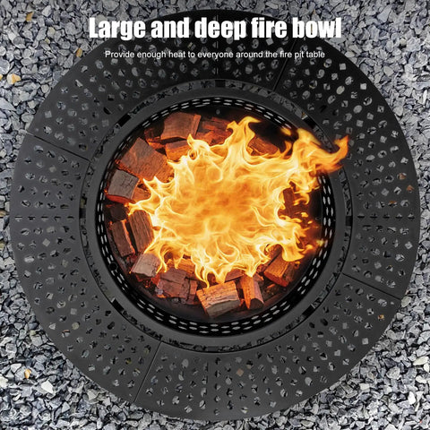 Top view of 47 Inch Round Fire Pit With Two Grills, Lid And Tabletop, 3 In 1 Outdoor Fire Pit showing flames and fire bowl