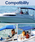 Bimini top replacement poles on boat; three views of white motorboat with blue canopy and aluminum frame.