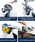 Steps to set up All In One 45 Degree Tile Chamfer Stand Kit With 5 Diamond Saw Blades 4 Inch shown with angle grinder use