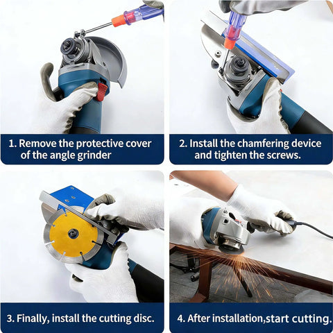Steps to set up All In One 45 Degree Tile Chamfer Stand Kit With 5 Diamond Saw Blades 4 Inch shown with angle grinder use
