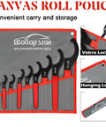 9-Piece Coilover Spanner Wrench Set in canvas roll pouch with red edges, includes Velcro locking and hanging loops features.