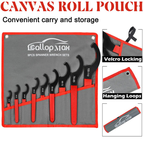 9-Piece Coilover Spanner Wrench Set in canvas roll pouch with red edges, includes Velcro locking and hanging loops features.