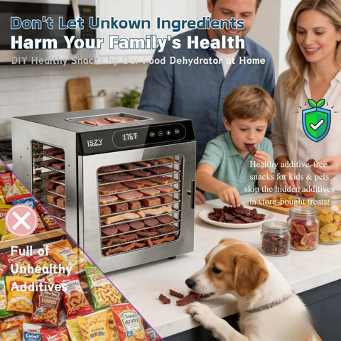 Top Shelf 800W Food Dehydrator Machine Featuring Ten Stainless Steel Trays For Even Airflow And Precise Temperature Settings To Whip Up Homemade Beef Jerky Dried Fruit And Herbs Quickly with family preparing snacks.