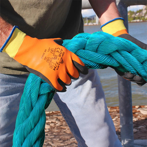 Person wearing Full Double Coated Natural Rubber Latex Winter Work Gloves With Nylon Blend Liner holding blue rope