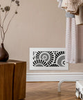 Decorative Acrylic Air Vent Cover Grille For Ducts 6x14 Opening And 8x16 Overall White Finish Waterwheel Style on wall