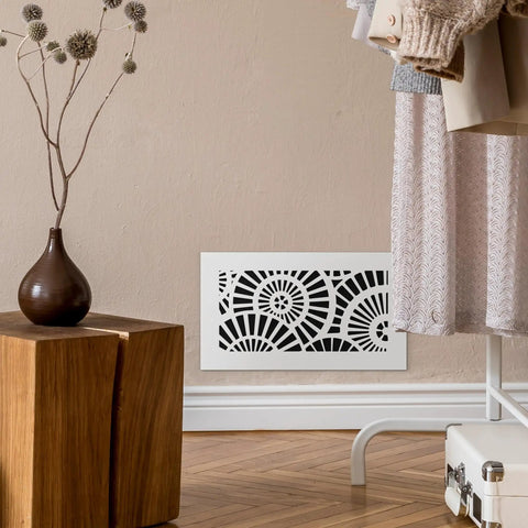 Decorative Acrylic Air Vent Cover Grille For Ducts 6x14 Opening And 8x16 Overall White Finish Waterwheel Style on wall