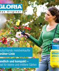 Woman uses Three Liter Pressure Sprayer With Adjustable Brass Nozzle and Shoulder Straps in garden, spraying flowers.
