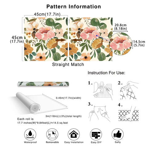 Vintage Boho Floral Peel And Stick Wallpaper With Peonies In Rose Beige Pink And Olive Removable Vinyl Self Adhesive Contact Paper Easy Renters Friendly Quick Peel No Mess On Walls Seventeen Point Seven Inches By Nine Point Eight Feet pattern and roll details