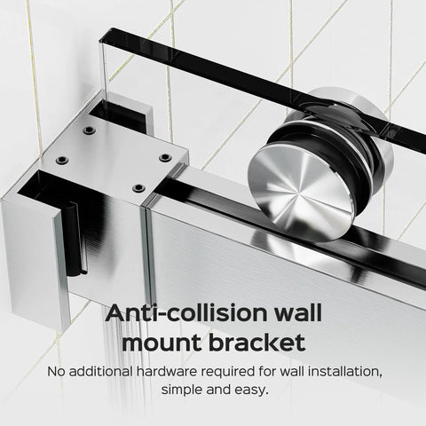 Close-up of anti-collision wall mount bracket for 68-72 Inch Frameless Double Bypass Sliding Shower Door With Brushed Nickel Finish