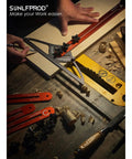 Heavy Hitter Stair Tread Template Tool With Double Nut Locking Design For Precision Woodworking And Carpentry Jig Setup Smooth Operator For DIY Contractors Straight Shot Layout Guide on workspace with tools.