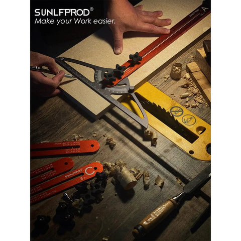 Heavy Hitter Stair Tread Template Tool With Double Nut Locking Design For Precision Woodworking And Carpentry Jig Setup Smooth Operator For DIY Contractors Straight Shot Layout Guide on workspace with tools.