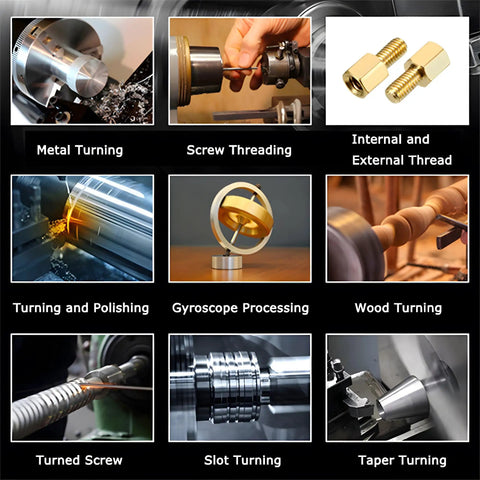 Images of Precision Benchtop Mini Metal Lathe 8×39 Inch processes: metal turning, screw threading, wood turning, and taper turning.