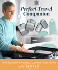 Woman packing suitcase with Compression Packing Cubes For Travel 6-Piece Premium Set With Laundry And Shoe Bag, Dusty Teal Mesh.