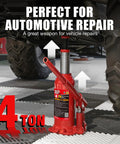 Front view of red Big Red hydraulic bottle jack with lever handle, 4-ton capacity under a vehicle.
