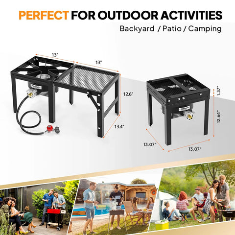 Powerful Portable Propane Stove With Foldable Side Rack Single Burner Outdoor Cooker size details for camping and backyard use