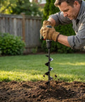 Man using Heavy Duty Garden Auger Drill Bit For Planting 1.6 Inch By 16.5 Inch Post Hole Digger in garden soil