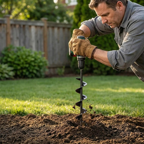 Man using Heavy Duty Garden Auger Drill Bit For Planting 1.6 Inch By 16.5 Inch Post Hole Digger in garden soil