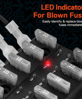 Rock Solid 100 Amp 10 Way Atc Ato Blade Fuse Block With Bright LED Blown Fuse Indicator, close-up showing LED alert and fuses.