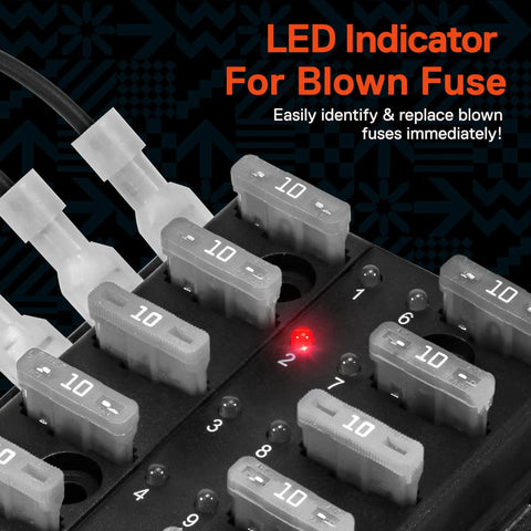 Rock Solid 100 Amp 10 Way Atc Ato Blade Fuse Block With Bright LED Blown Fuse Indicator, close-up showing LED alert and fuses.