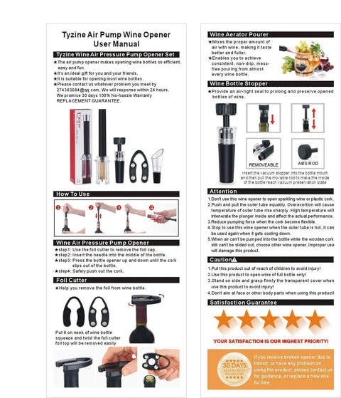 User manual includes Air Pressure Pump Corkscrew Set All In One With Foil Cutter And Aerator Pourer Vacuum Stoppers Four Pack Easy.