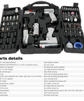 Knuckle Buster 71 Piece Pneumatic Air Tool Kit Featuring 1/2 Inch Impact Wrench 150Mm Air Hammer And Quick Action Die Grinder With Full Socket Set For Guys, detailed tool parts inside black case.