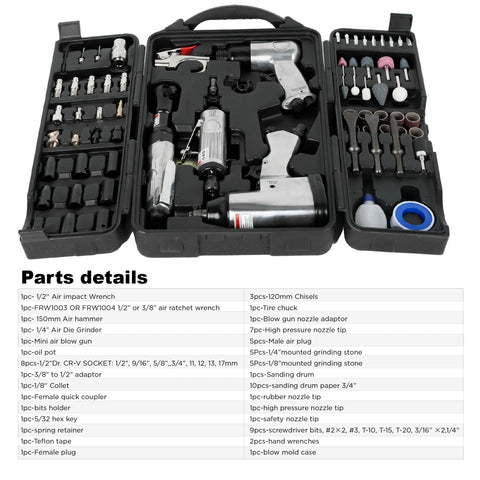 Knuckle Buster 71 Piece Pneumatic Air Tool Kit Featuring 1/2 Inch Impact Wrench 150Mm Air Hammer And Quick Action Die Grinder With Full Socket Set For Guys, detailed tool parts inside black case.