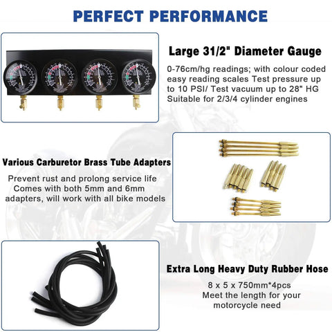 Motorcycle Fuel Vacuum Carburetor Synchronizer Gauge Kit With 4 Precision Gauges And Individual Damping And Calibration Controls On A Heavy Metal Bench Base For Easy Bike Carb Sync, 4-gauge set