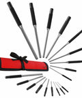 Roll Pin Punch Set 9 Piece For Gunsmithing Tool Kit with chrome vanadium steel punches in a red tool pouch.