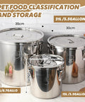 Stack It High With Heavy Duty 304 Stainless Steel Airtight Canisters 3 Pack Featuring Slam Lock Clamps for bulk pet food storage 12L, 21L, 33L.