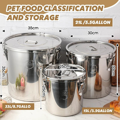 Stack It High With Heavy Duty 304 Stainless Steel Airtight Canisters 3 Pack Featuring Slam Lock Clamps for bulk pet food storage 12L, 21L, 33L.