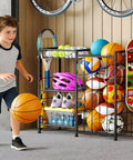 All In One Sports Gear Organizer Cart With Elastic Straps And Removable Basket For Garage Organization, holding balls and toys
