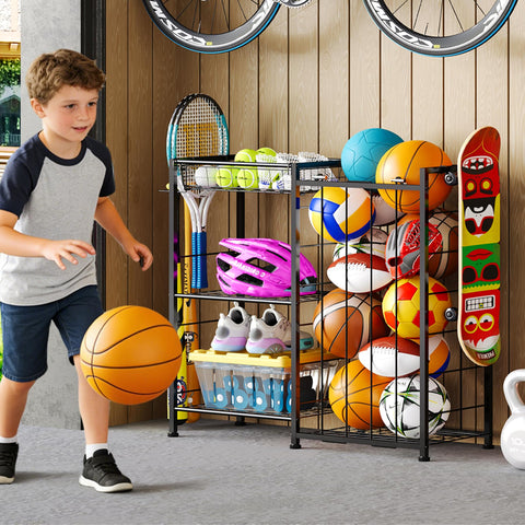 All In One Sports Gear Organizer Cart With Elastic Straps And Removable Basket For Garage Organization, holding balls and toys
