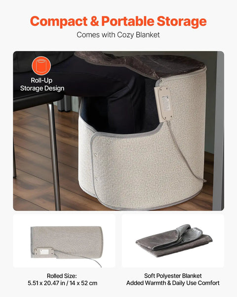 Under Desk Rollable Foot Warmer Pad With Remote, cozy heater in storage mode with included blanket, ideal for home