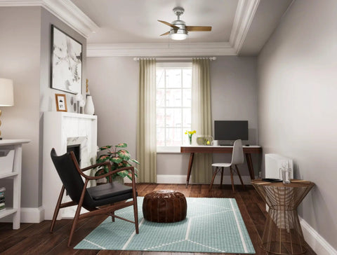 36 Inch Indoor Ceiling Fan With LED Light And Pull Chain in a small home office, quiet modern fan in brushed nickel with 3 blades