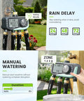 4 Zone Easy Sprinkler Timer for garden hose, rain delay and manual watering, digital display, attached to outdoor faucet