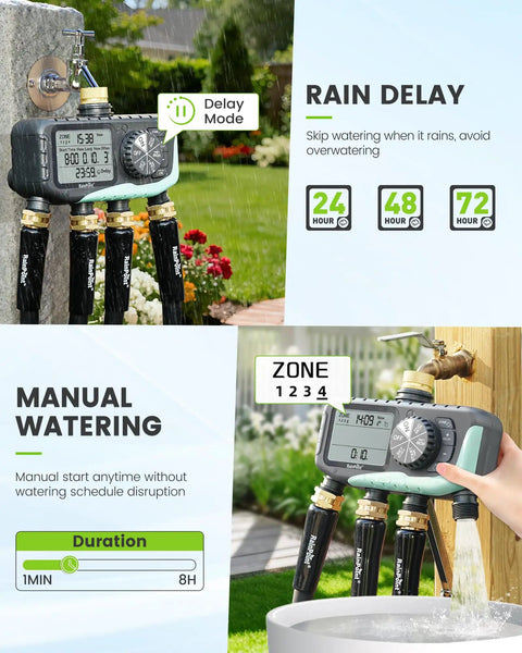 4 Zone Easy Sprinkler Timer for garden hose, rain delay and manual watering, digital display, attached to outdoor faucet
