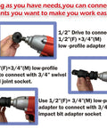 Hands connecting Low Profile Insert Socket Adapter Set For Impact Tools Four Piece Converts One Inch To Three Quarters Inch Three Quarters To One Half Inch One Half To Three Eighths Inch And Three Eighths To One Quarter Inch Space Saving Durable Construction By Way Win to an impact driver.