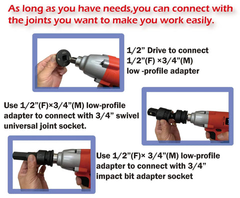 Hands connecting Low Profile Insert Socket Adapter Set For Impact Tools Four Piece Converts One Inch To Three Quarters Inch Three Quarters To One Half Inch One Half To Three Eighths Inch And Three Eighths To One Quarter Inch Space Saving Durable Construction By Way Win to an impact driver.