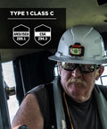 Man wearing Vented Hard Hat With Light For Night Safety, Full Brim Style, Ratchet Suspension, Class C, Skullerz 8973LED White