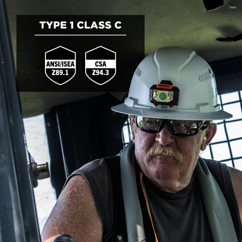 Man wearing Vented Hard Hat With Light For Night Safety, Full Brim Style, Ratchet Suspension, Class C, Skullerz 8973LED White