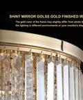 Modern K9 Crystal Gold Flush Mount Chandelier With 6 Lights, brass gold finish, close-up of crystal raindrops and gold frame
