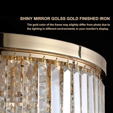 Modern K9 Crystal Gold Flush Mount Chandelier With 6 Lights, brass gold finish, close-up of crystal raindrops and gold frame
