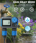 Two Zone Sprinkler Timer With Brass Swivel No Fuss Dual Outlet Rain Delay Manual Mode outside with rain backdrop