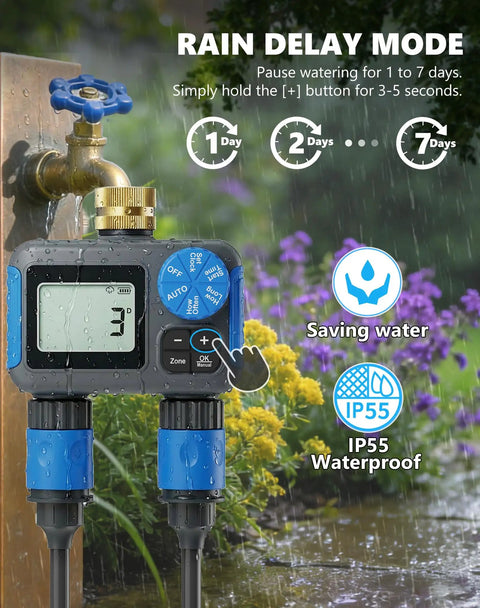 Two Zone Sprinkler Timer With Brass Swivel No Fuss Dual Outlet Rain Delay Manual Mode outside with rain backdrop