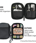 Open EDC pocket organizer pouch with DIY patches area, mesh pocket, D-ring, and elastic organizers for everyday carry.