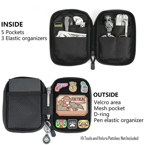 Open EDC pocket organizer pouch with DIY patches area, mesh pocket, D-ring, and elastic organizers for everyday carry.