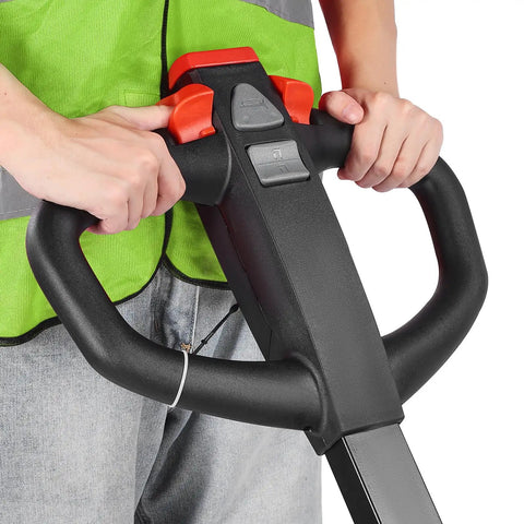 Massive 4400 Lb Electric Pallet Jack Truck With Lithium Battery And 48 Inch Forks For Heavy Material Handling In Warehouses And Supermarkets Plus Easy Ramp Climbing Power. Operator holding the control handle.