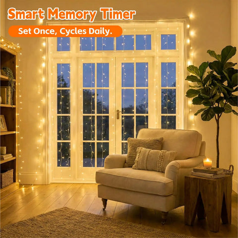 Cozy Bedroom Curtain Lights 200 LED Fairy String Lights 6.6x6.6 Feet Warm White With Remote 8 Modes For Indoor Use